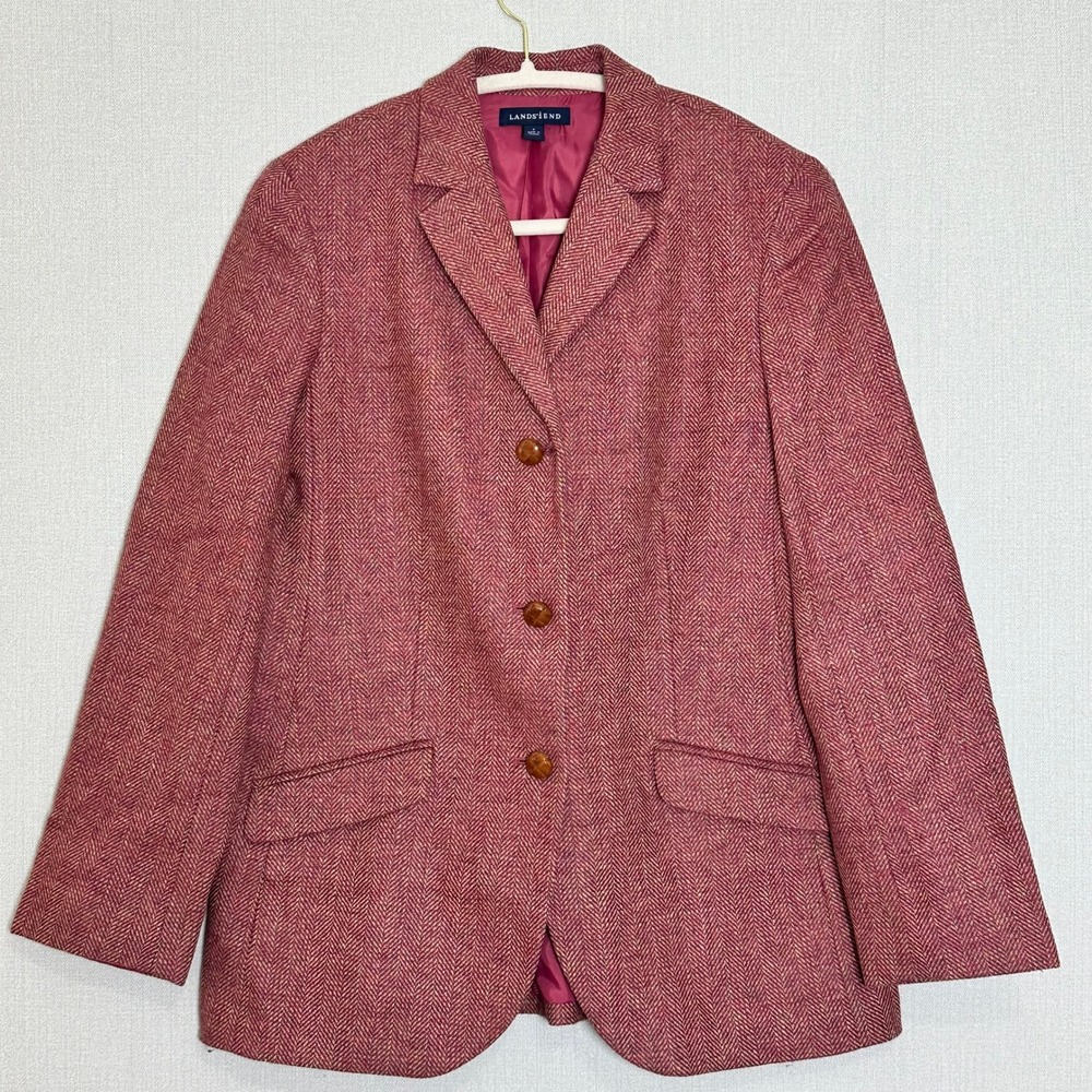 Lands End Blazer Pink Wool Herringbone Jacket Size 8 Preppy‎ Classic Vintage